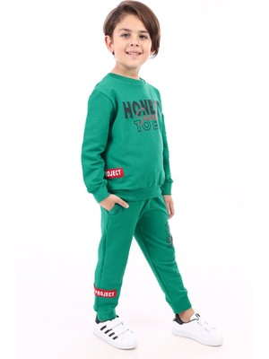 Toontoy Erkek Çocuk 2'li Takım Arma Detaylı Baskılı Bisiklet Yaka Sweatshirt & Beli Paçası Lastikli Cepli Jogger Eşofman Altı - 2 Iplik