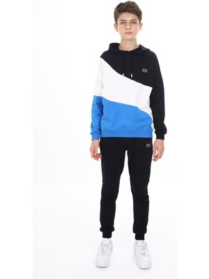Toontoy Erkek Çocuk 2'li Takım Baskılı Kapüşonlu Sweatshirt & Beli Paçası Lastikli Cepli Jogger Eşofman Altı - Renk Bloklu & 2 Iplik