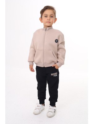 Toontoy Erkek Çocuk 2'li Takım Baskılı Dik Yaka Fermuarlı Cepli Sweatshirt & Beli Paçası Lastikli Cepli Jogger Eşofman Altı - Renk Bloklu & 3 Iplik Şardonlu