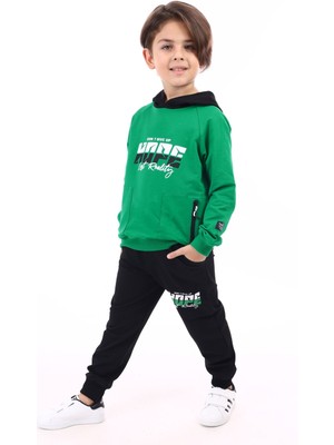 Toontoy Erkek Çocuk 2'li Takım Baskılı Kapüşonlu Fermuarlı Cepli Reglan Kol Sweatshirt & Beli Paçası Lastikli Cepli Jogger Eşofman Altı - Renk Bloklu & 2 Iplik