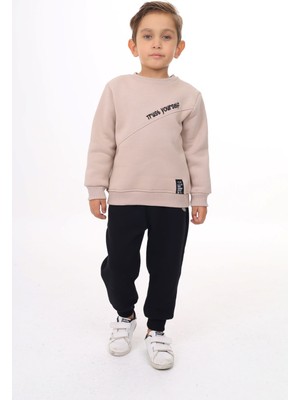 Toontoy Erkek Çocuk 2'li Takım Baskılı Bisiklet Yaka Asimetrik Sweatshirt & Beli Paçası Lastikli Cepli Jogger Eşofman Altı - Renk Bloklu & 3 Iplik Şardonlu