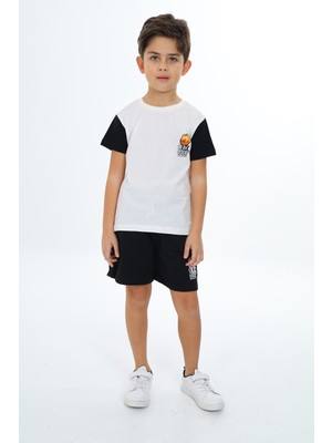 Toontoy Erkek Çocuk 2'li Takım Baskılı Bisiklet Yaka Tişört & Beli Lastikli Cepli Şort