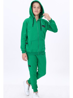 Toontoy Erkek Çocuk 2'li Takım Baskılı Arma Detaylı Kapüşonlu Fermuarlı Cepli Sweatshirt & Beli Paçası Lastikli Cepli Jogger Eşofman Altı - 2 Iplik