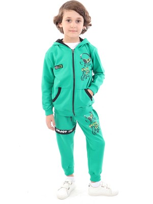 Toontoy Erkek Çocuk 2'li Takım Baskılı Kapüşonlu Fermuarlı Cepli Sweatshirt & Beli Paçası Lastikli Cepli Jogger Eşofman Altı - 2 Iplik