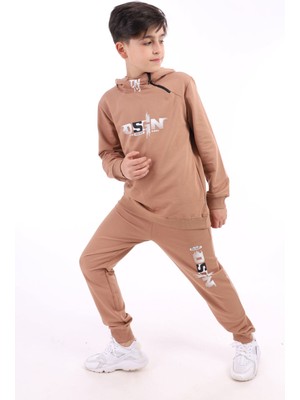 Toontoy Erkek Çocuk 2'li Takım Baskılı Kapüşonlu Fermuarlı Sweatshirt & Beli Paçası Lastikli Cepli Jogger Eşofman Altı - 2 Iplik