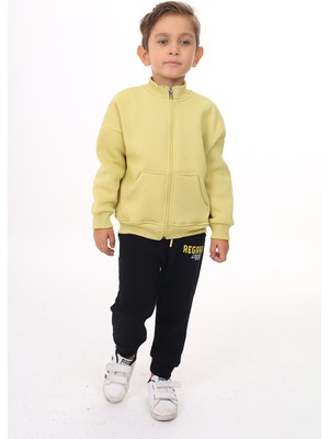 Toontoy Erkek Çocuk 2'li Takım Baskılı Dik Yaka Fermuarlı Cepli Sweatshirt & Beli Paçası Lastikli Cepli Jogger Eşofman Altı - Renk Bloklu & 3 Iplik Şardonlu