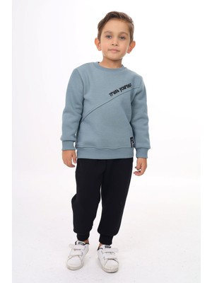 Toontoy Erkek Çocuk 2'li Takım Baskılı Bisiklet Yaka Asimetrik Sweatshirt & Beli Paçası Lastikli Cepli Jogger Eşofman Altı - Renk Bloklu & 3 Iplik Şardonlu