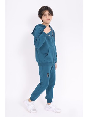 Toontoy Erkek Çocuk 2'li Takım Baskılı Kapüşonlu Fermuarlı Cepli Sweatshirt & Beli Paçası Lastikli Cepli Jogger Eşofman Altı - 2 Iplik