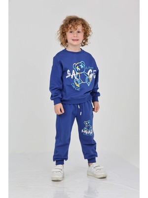 Toontoy Erkek Çocuk 2'li Takım Baskılı Bisiklet Yaka Sweatshirt & Beli Paçası Lastikli Cepli Jogger Eşofman Altı - 2 Iplik