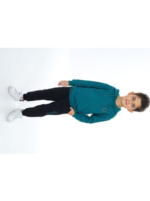 Toontoy Erkek Çocuk 2'li Takım Baskılı Kapüşonlu Cepli Sweatshirt & Beli Paçası Lastikli Cepli Jogger Eşofman Altı - Renk Bloklu & 2 Iplik