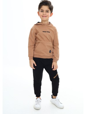Toontoy Erkek Çocuk 2'li Takım Baskılı Kapüşonlu Cepli Sweatshirt & Beli Paçası Lastikli Cepli Jogger Eşofman Altı - Renk Bloklu & 2 Iplik