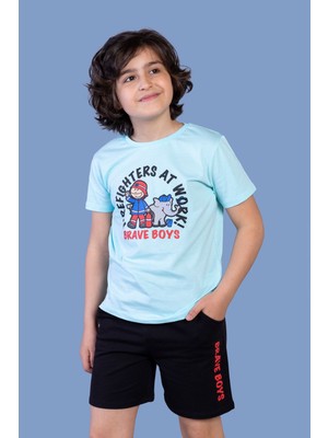 Toontoy Erkek Çocuk 2'li Takım Baskılı Bisiklet Yaka Tişört & Beli Lastikli Cepli Şort