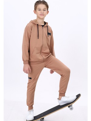 Toontoy Erkek Çocuk 2'li Takım Baskılı Arma Detaylı Kapüşonlu Fermuarlı Cepli Sweatshirt & Beli Paçası Lastikli Cepli Jogger Eşofman Altı - 2 Iplik