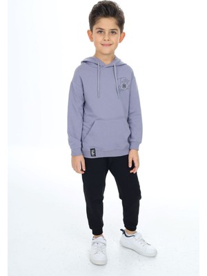 Toontoy Erkek Çocuk 2'li Takım Baskılı Kapüşonlu Cepli Sweatshirt & Beli Paçası Lastikli Cepli Jogger Eşofman Altı - Renk Bloklu & 2 Iplik