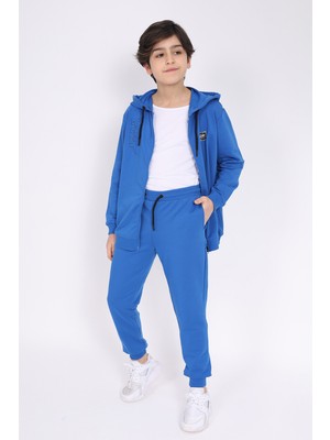 Toontoy Erkek Çocuk 2'li Takım Baskılı Kapüşonlu Fermuarlı Sweatshirt & Beli Paçası Lastikli Cepli Jogger Eşofman Altı - 2 Iplik