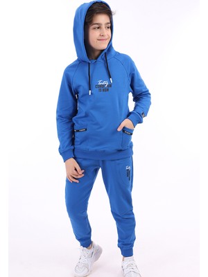 Toontoy Erkek Çocuk 2'li Takım Baskılı Kapüşonlu Cepli Reglan Kol Asimetrik Sweatshirt & Beli Paçası Lastikli Cepli Jogger Eşofman Altı - Şerit Detaylı TK22866