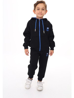Toontoy Erkek Çocuk 2'li Takım Baskılı Kapüşonlu Fermuarlı Cepli Sweatshirt & Beli Paçası Lastikli Jogger Eşofman Altı - 3 Iplik Şardonlu