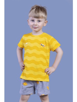 Toontoy Erkek Çocuk 2'li Takım Baskılı Bisiklet Yaka Tişört & Beli Lastikli Cepli Şort