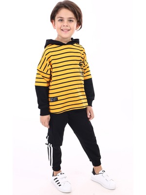 Toontoy Erkek Çocuk Çizgili 2'li Takım Baskılı Kapüşonlu Sweatshirt & Beli Paçası Lastikli Cepli Jogger Eşofman Altı - Renk Bloklu & 2 Iplik