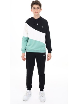 Toontoy Erkek Çocuk 2'li Takım Baskılı Kapüşonlu Sweatshirt & Beli Paçası Lastikli Cepli Jogger Eşofman Altı - Renk Bloklu & 2 Iplik