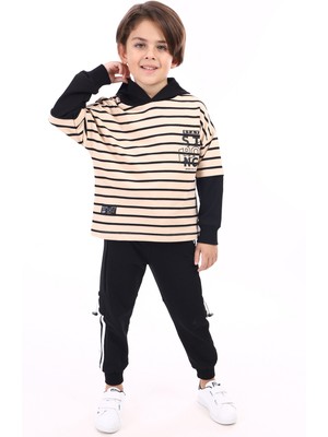 Toontoy Erkek Çocuk Çizgili 2'li Takım Baskılı Kapüşonlu Sweatshirt & Beli Paçası Lastikli Cepli Jogger Eşofman Altı - Renk Bloklu & 2 Iplik