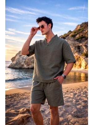Pobudo V Yaka Haki Renk  Yıkamalı  Keten Takım