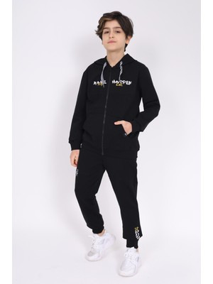 Toontoy Erkek Çocuk 2'li Takım Baskılı Kapüşonlu Fermuarlı Cepli Sweatshirt & Beli Paçası Lastikli Cepli Jogger Eşofman Altı - 2 Iplik