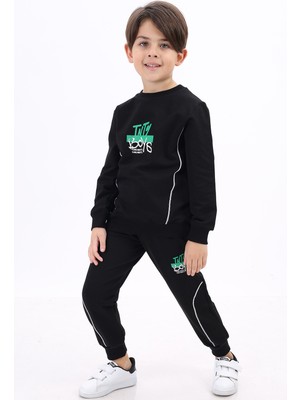 Toontoy Erkek Çocuk 2'li Takım Baskılı Bisiklet Yaka Sweatshirt & Beli Paçası Lastikli Jogger Eşofman Altı - Biye Detaylı 2 Iplik
