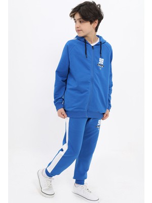 Toontoy Erkek Çocuk 2'li Takım Baskılı Kapüşonlu Fermuarlı Cepli Reglan Kol Sweatshirt & Beli Paçası Lastikli Cepli Jogger Eşofman Altı - Bant Detaylı & 2 Iplik