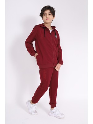 Toontoy Erkek Çocuk 2'li Takım Baskılı Kapüşonlu Fermuarlı Sweatshirt & Beli Paçası Lastikli Cepli Jogger Eşofman Altı - 2 Iplik