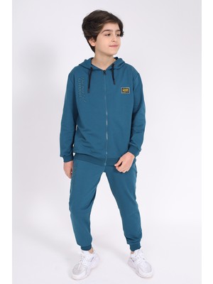 Toontoy Erkek Çocuk 2'li Takım Baskılı Kapüşonlu Fermuarlı Sweatshirt & Beli Paçası Lastikli Cepli Jogger Eşofman Altı - 2 Iplik