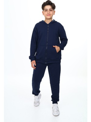 Toontoy Erkek Çocuk 2'li Takım Baskılı Kapüşonlu Fermuarlı Cepli Sweatshirt & Beli Paçası Lastikli Cepli Jogger Eşofman Altı - 2 Iplik