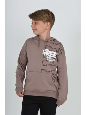 Toontoy Erkek Çocuk Oversize Kapüşonlu Cepli Düşük Omuz Baskılı Sweatshirt - 2 Iplik