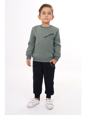 Toontoy Erkek Çocuk 2'li Takım Baskılı Bisiklet Yaka Asimetrik Sweatshirt & Beli Paçası Lastikli Cepli Jogger Eşofman Altı - Renk Bloklu & 3 Iplik Şardonlu