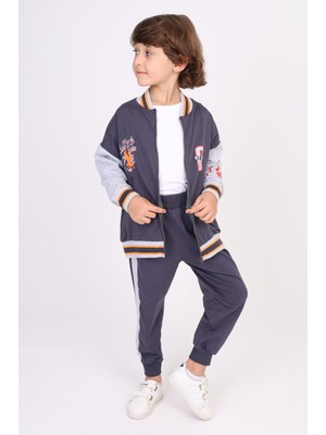 Toontoy Erkek Çocuk 2'li Takım Baskılı Kolej Yaka Fermuarlı Sweatshirt & Beli Paçası Lastikli Jogger Eşofman Altı - Renk Bloklu & 2 Iplik