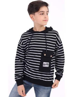 Toontoy Erkek Çocuk Oversize Kapüşonlu Düşük Omuz Baskılı Çizgili Sweatshirt - Garni Detaylı & 2 Iplik