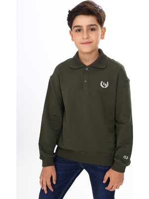 Toontoy Erkek Çocuk Relax Fit Polo Yaka Çıtçıtlı Hafif Düşük Omuz Baskılı Sweatshirt - 2 Iplik