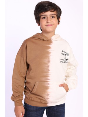 Toontoy Erkek Çocuk Oversize Kapüşonlu Cepli Düşük Omuz Renk Bloklu Baskılı Sweatshirt - 2 Iplik