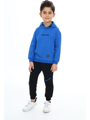 Toontoy Erkek Çocuk 2'li Takım Baskılı Kapüşonlu Cepli Sweatshirt & Beli Paçası Lastikli Cepli Jogger Eşofman Altı - Renk Bloklu & 2 Iplik