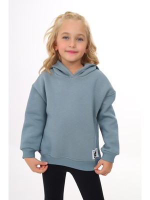 Toontoy Kız Çocuk Oversize Kapüşonlu Düşük Omuz Baskılı Sweatshirt - 3 Iplik Şardonlu