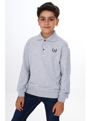 Toontoy Erkek Çocuk Relax Fit Polo Yaka Çıtçıtlı Hafif Düşük Omuz Baskılı Sweatshirt - 2 Iplik