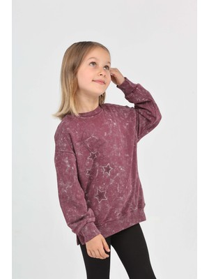 Toontoy Kız Çocuk Relax Fit Bisiklet Yaka Düşük Omuz Baskılı Yırtmaçlı Sweatshirt - 2 Iplik