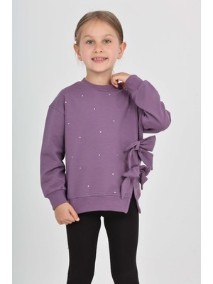 Toontoy Kız Çocuk Oversize Bisiklet Yaka Düşük Omuz Taş Baskılı Yırtmaçlı Sweatshirt - Fiyonklu & 2 Iplik