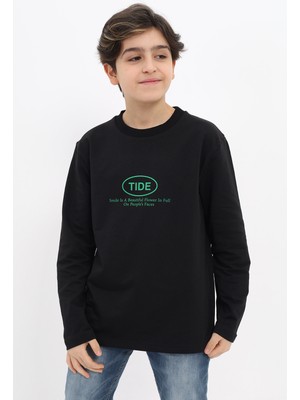 Toontoy Erkek Çocuk Oversize Bisiklet Yaka Hafif Düşük Omuz Baskılı Uzun Sweatshirt - 2 Iplik