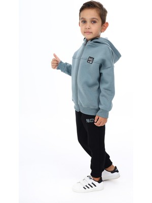 Toontoy Erkek Çocuk 2'li Takım Baskılı Kapüşonlu Fermuarlı Sweatshirt & Beli Paçası Lastikli Jogger Eşofman Altı - 3 Iplik Şardonlu