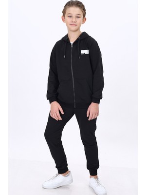 Toontoy Erkek Çocuk 2'li Takım Baskılı Arma Detaylı Kapüşonlu Fermuarlı Cepli Sweatshirt & Beli Paçası Lastikli Cepli Jogger Eşofman Altı - 2 Iplik