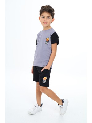 Toontoy Erkek Çocuk 2'li Takım Baskılı Bisiklet Yaka Tişört & Beli Lastikli Cepli Şort