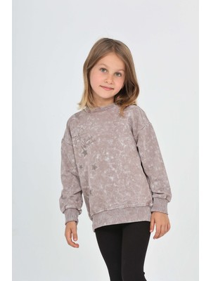 Toontoy Kız Çocuk Relax Fit Bisiklet Yaka Düşük Omuz Baskılı Yırtmaçlı Sweatshirt - 2 Iplik