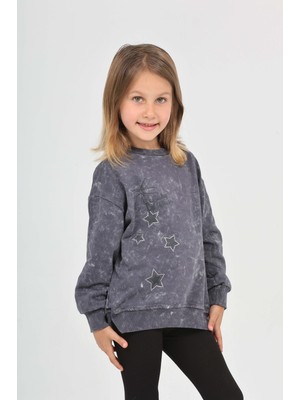 Toontoy Kız Çocuk Relax Fit Bisiklet Yaka Düşük Omuz Baskılı Yırtmaçlı Sweatshirt - 2 Iplik