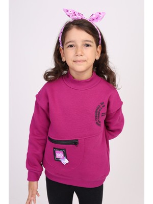 Toontoy Kız Çocuk Relax Fit Dik Yaka Düşük Omuz Cepli Baskılı Sweatshirt - Fermuar Detaylı & 3 Iplik Şardonlu